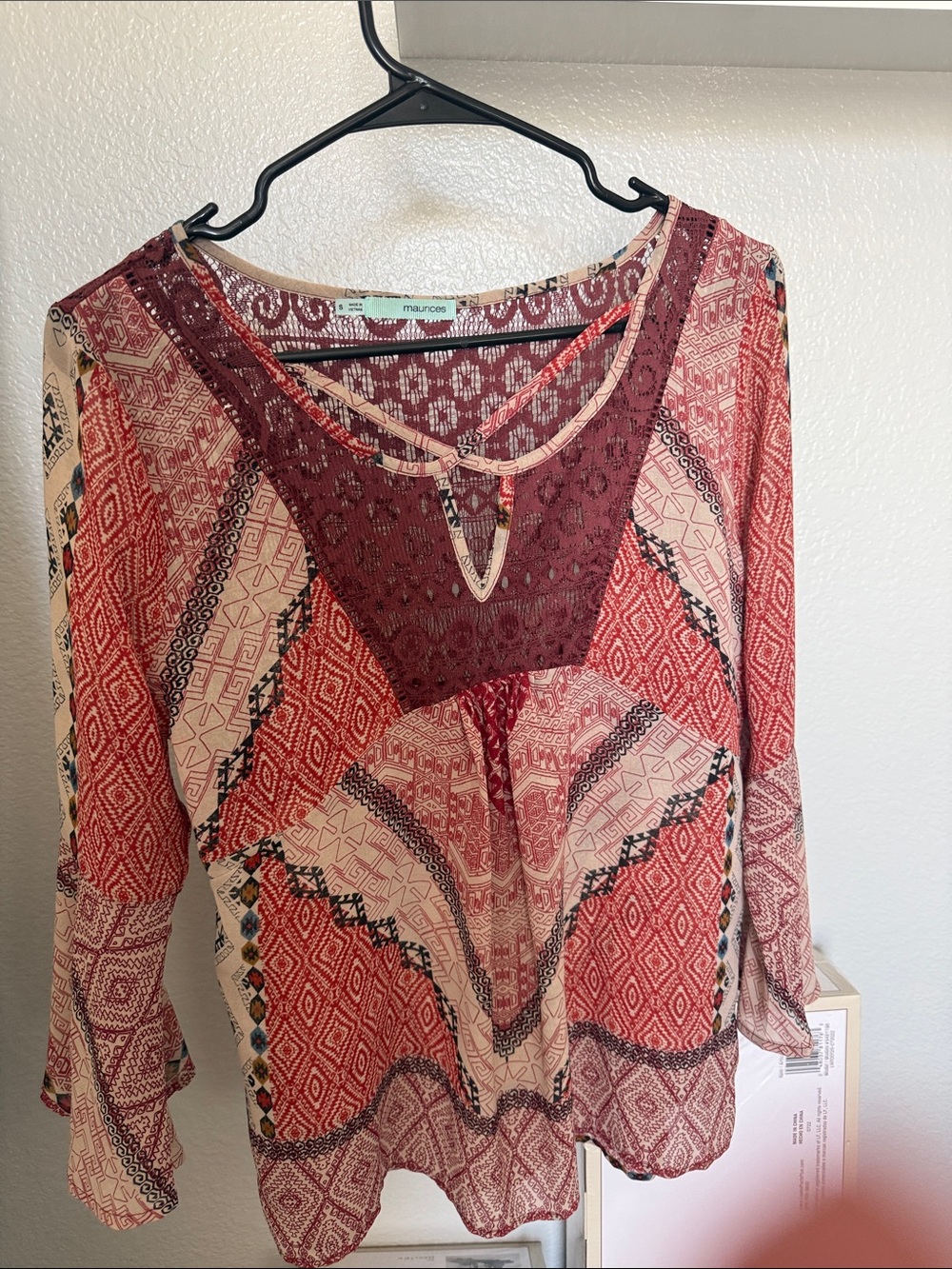 Maurices Red and Cream Patterned Boho Tunic with Lace Yoke